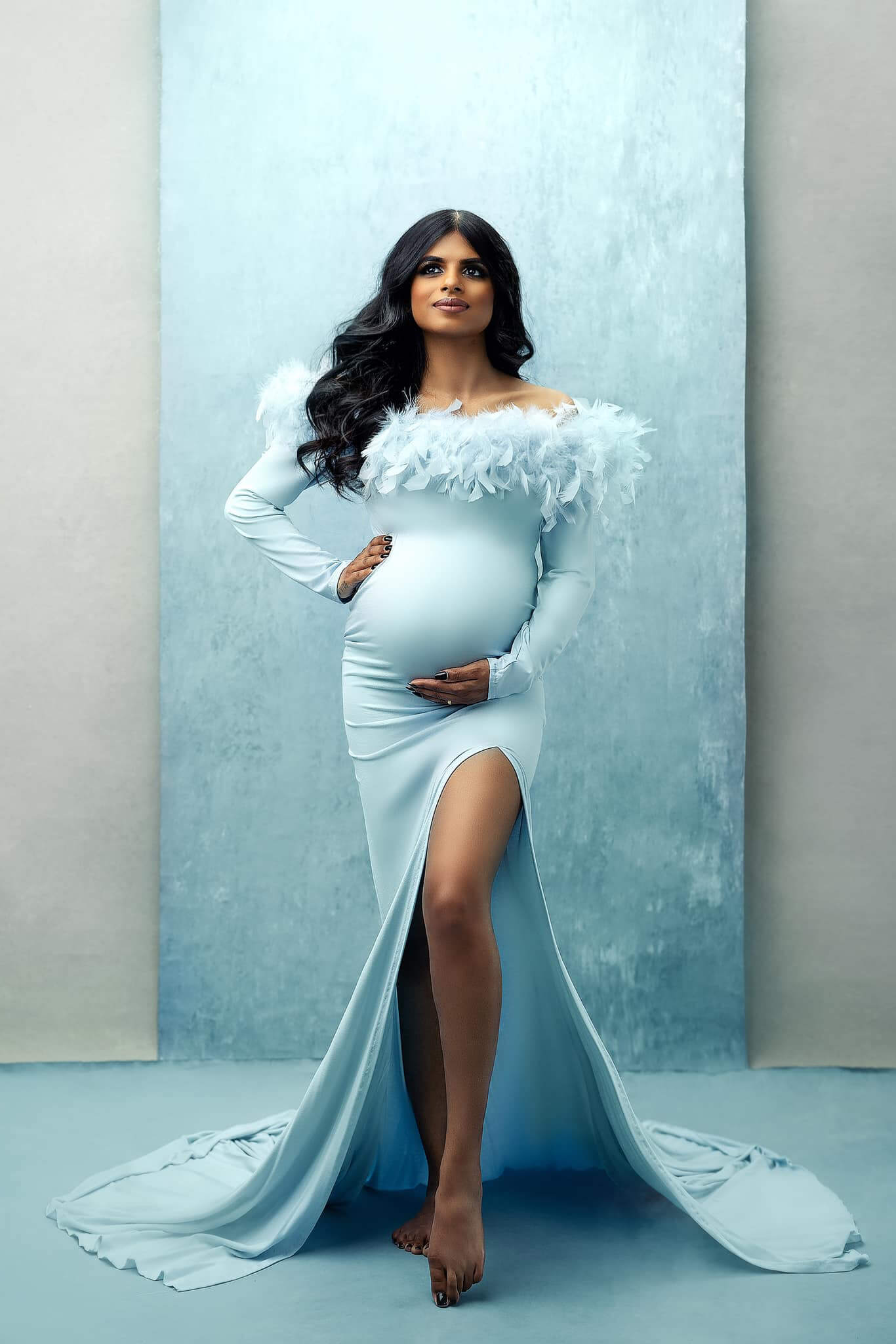 Blue Maternity Dresses for Photoshoot Extra Fluffy Tulle Tiered Ruffled  Pregnant Dress Women Sweetheart Off Shoulder Maxi Gown