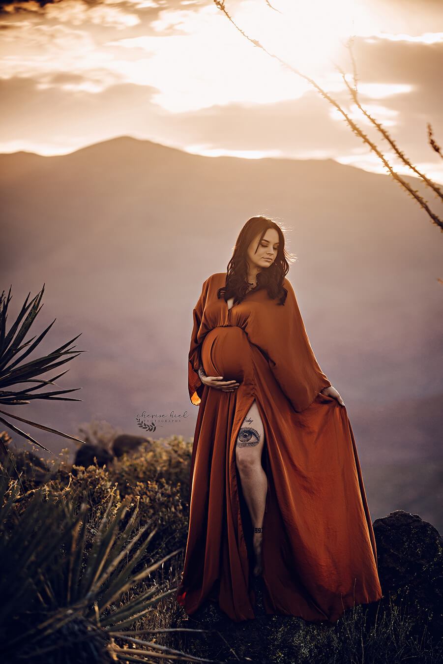 The woman is wearing an long dress in the colour cognac. She is standing outside with a mountain in the background. The dress she is wearing has a split by the leg